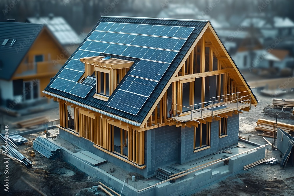 New Home Construction with Solar Panels on Roof New Home Construction with Solar Panels on Roof