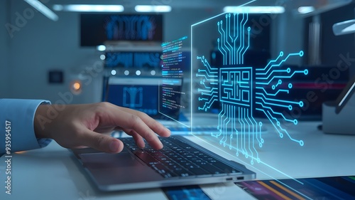 A close-up shot of a software engineer hand typing on a laptop with holographic circuit board digital architecture and coding in a futuristic workspace