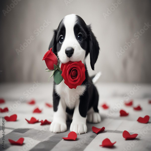 a photo of dog with red rose made with generative AI