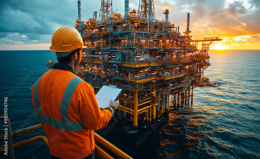 Worker inspects offshore drilling rig at sunset near coast. A worker observes an offshore drilling rig as the sun sets, creating a serene backdrop against the industrial setting.