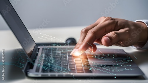 A close-up of a software engineer hand brushing across a laptop's touchpad, with virtual circuit board the tactile interaction with technology