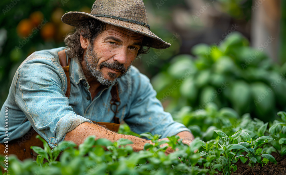 Experienced gardener tending to fresh herbs in lush garden. A gardener meticulously plants vibrant herbs in a verdant garden, showcasing dedication to sustainable agriculture. Experienced gardener tending to fresh herbs in lush garden. A gardener meticulously plants vibrant herbs in a verdant garden, showcasing dedication to sustainable agriculture.