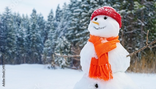 Cheerful snowman in a red hat and orange scarf standing in snowy winter landscape