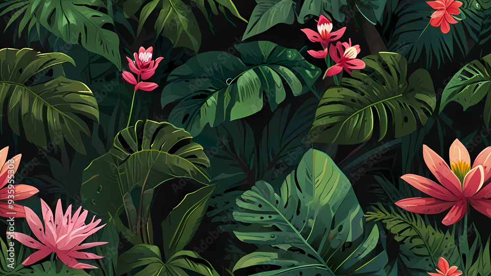 flat vector background featuring a lush botanical garden, filled with various tropical plants, large green leaves, and blooming flowers flat vector background featuring a lush botanical garden, filled with various tropical plants, large green leaves, and blooming flowers