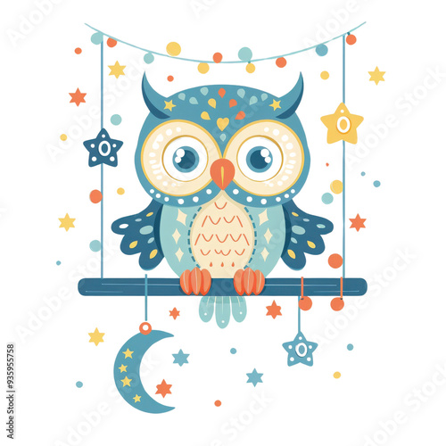 Colorful owl illustration with stars and moon, perfect for children's themes and nursery decor. photo