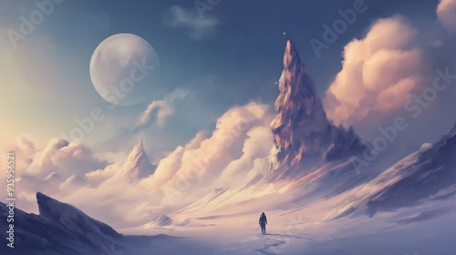Surreal landscape with a towering mountain and a glowing moon, ideal for fantasy and imaginative design themes

