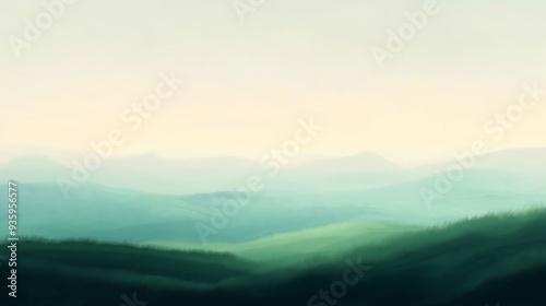 Serene painted landscape with rolling green hills and soft light, a tranquil and artistic background for nature-inspired themes

