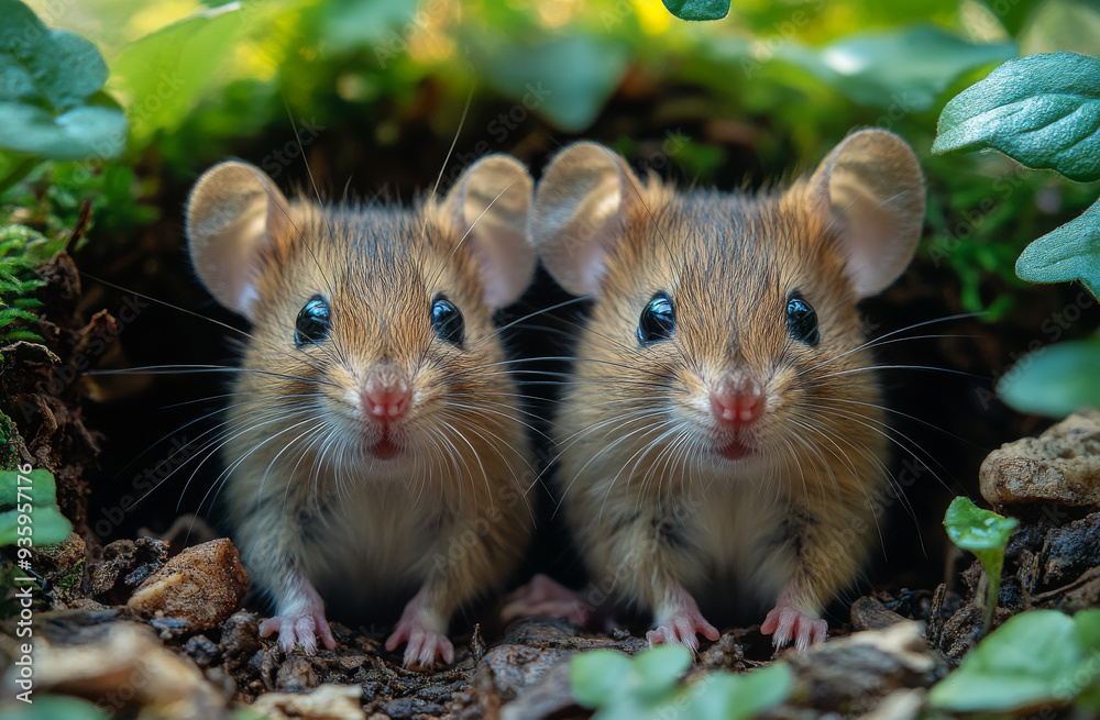 Two adorable mice peek out from their cozy burrow in lush greenery. Two small mice with bright eyes peek out from their nest, surrounded by vibrant green foliage in a peaceful setting. Two adorable mice peek out from their cozy burrow in lush greenery. Two small mice with bright eyes peek out from their nest, surrounded by vibrant green foliage in a peaceful setting.