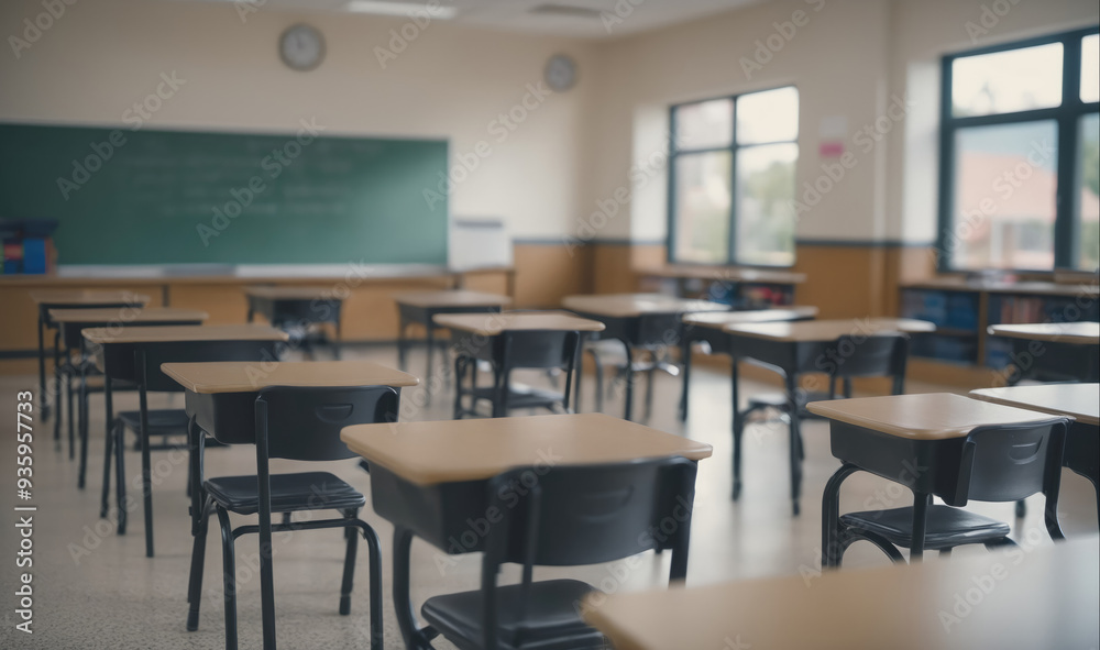 Empty desks sit in a classroom Empty desks sit in a classroom
