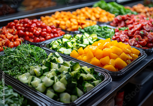 Colorful display of fresh fruits and vegetables in a market setting. Brightly colored fruits and vegetables are arranged neatly in trays at a market