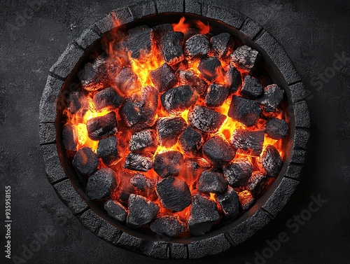 Top view of a grill with glowing embers and sizzling food, capturing the essence of outdoor cooking and barbecue culture. Perfect for culinary enthusiasts and backyard gatherings.
 photo