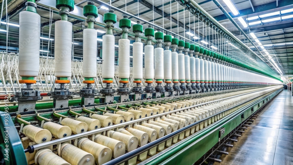 © Collection - Closeup of a cotton spinning production workshop with machinery in operation, cotton, spinning, production, workshop