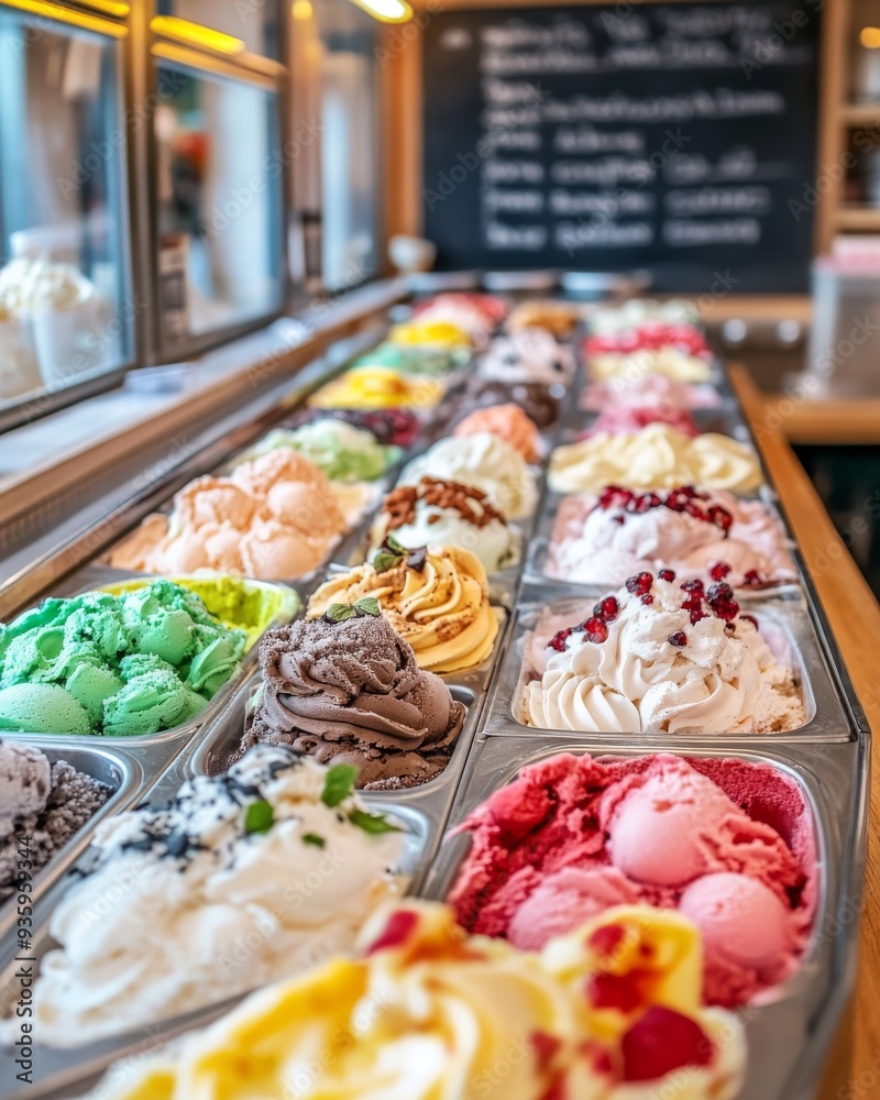 Fototapeta premium Gourmet Artisan Ice Cream Display with Unique Toppings and Exotic Flavors, Copy Space