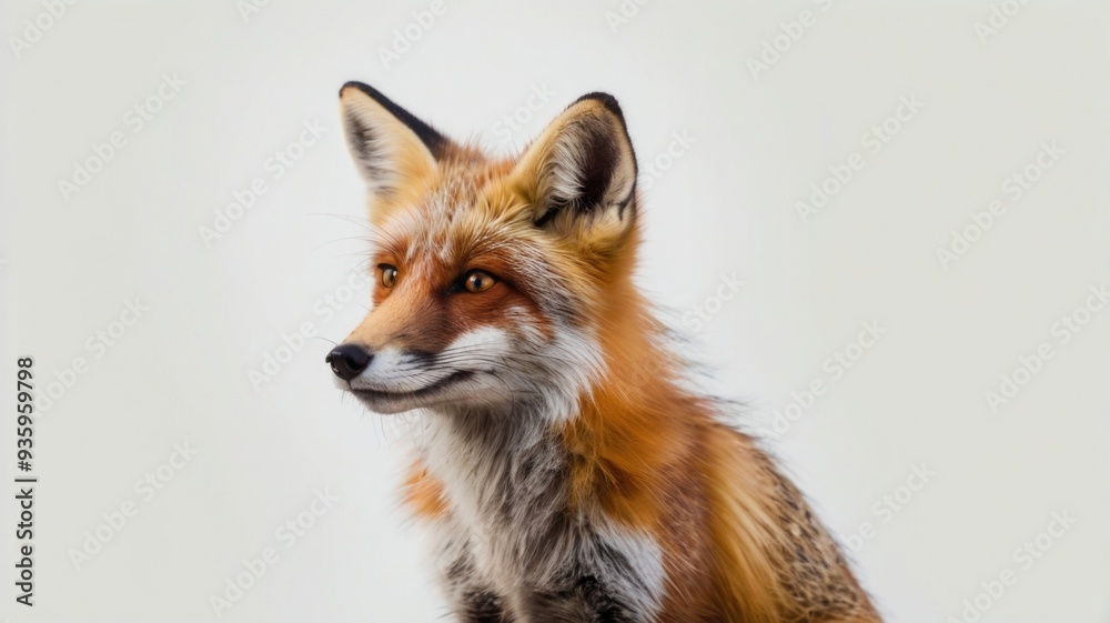 Obraz premium A close-up of a curious red fox with striking fur, looking alert and attentive against a soft neutral background in a natural setting