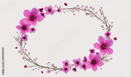 Pink flowers form a delicate wreath against a white background photo