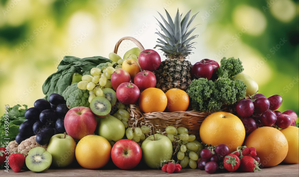 A basket full of fresh fruit sits on a wooden table in front of a green, blurry background A basket full of fresh fruit sits on a wooden table in front of a green, blurry background