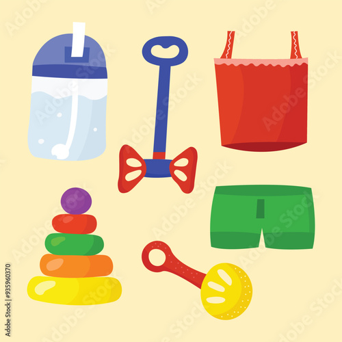 Newborn baby summer play set. Clothes and toys for kids. Isolated illustration for stickers.
