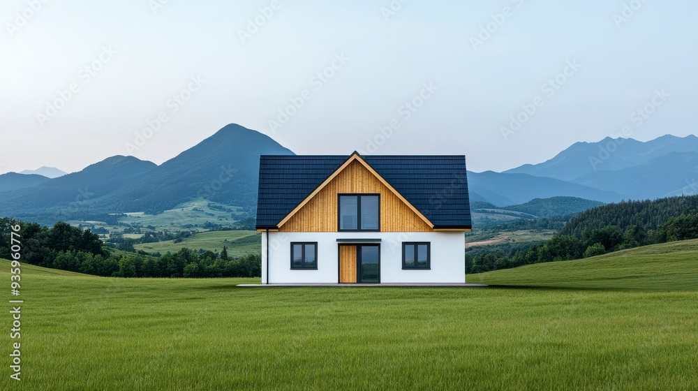 A modern house set against a serene landscape of mountains and green fields, showcasing architectural beauty and tranquility. A modern house set against a serene landscape of mountains and green fields, showcasing architectural beauty and tranquility.