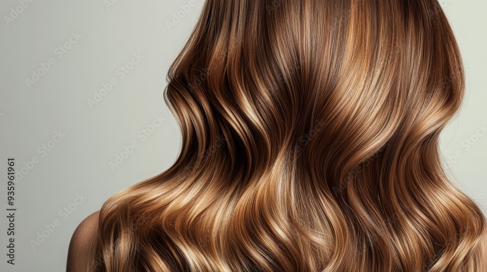 Hair styled in loose waves showcases a blend of rich brown and blonde tones, elegantly falling over shoulders. Hair styled in loose waves showcases a blend of rich brown and blonde tones, elegantly falling over shoulders.