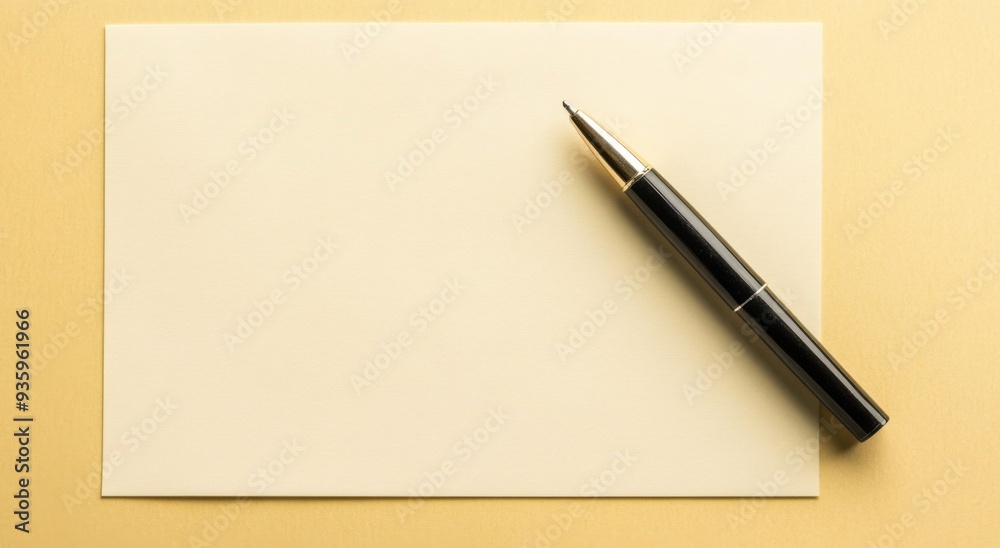 Top-View Image of a Blank Sheet of Paper with a Black Ballpoint Pen on Light Yellow Background Top-View Image of a Blank Sheet of Paper with a Black Ballpoint Pen on Light Yellow Background