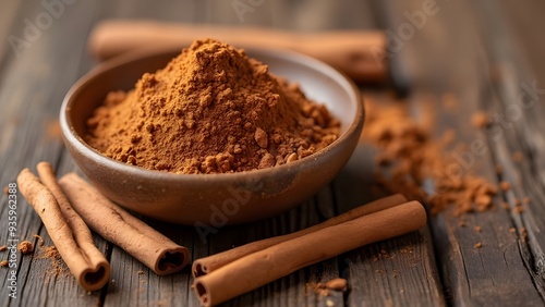Aromatic Cinnamon Spices on Rustic Wooden Background