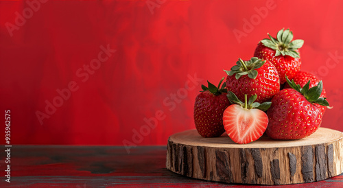 Fragole su ceppo di legno con una tagliata con sfondo rosso e piano di tavolo, stile pubblicitario, spazio per testo