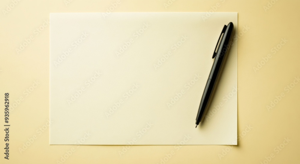 Top-View Image of a Blank Sheet of Paper with a Black Ballpoint Pen on Light Yellow Background Top-View Image of a Blank Sheet of Paper with a Black Ballpoint Pen on Light Yellow Background