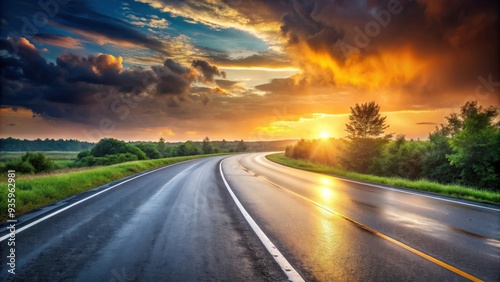 Empty wet asphalt road curves under summer sunset backdrop, empty, curved, wet, asphalt, road, summer, sunset