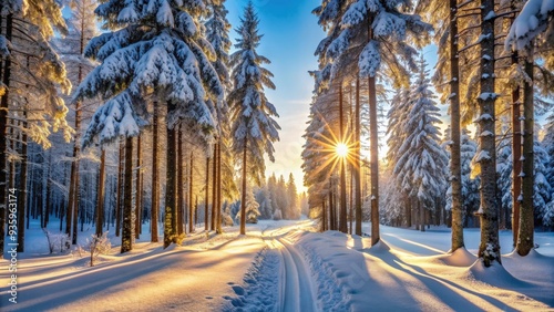 Sunny winter morning in a snowy forest, frost falling from trees, ski track covered in snow, Sunny, winter, morning, snowy, forest