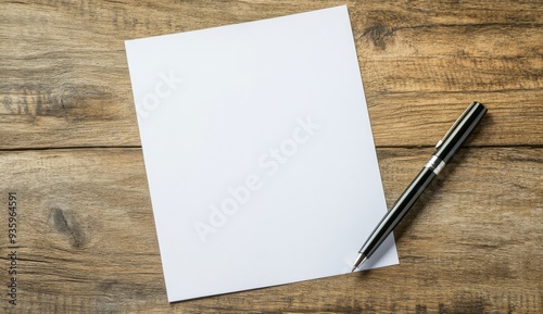 a Blank White Sheet of Paper with a Pen on the Table, Featuring Empty Space on the Side