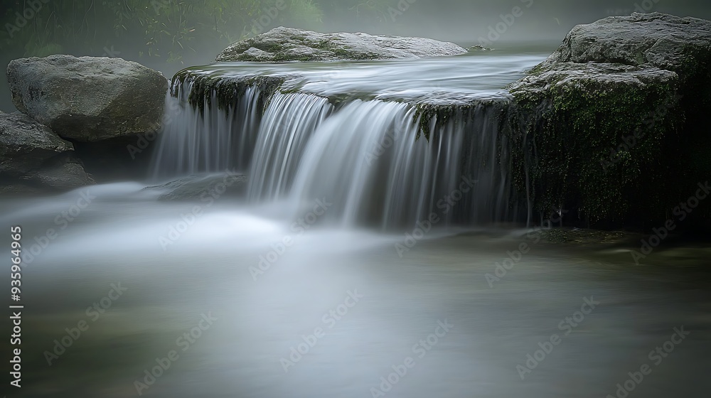 Tranquil Waterfall Cascading Over Mossy Rocks In Misty Forest Tranquil Waterfall Cascading Over Mossy Rocks In Misty Forest