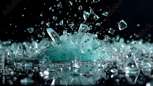 Shattered Glass Explosion with Turquoise Liquid
