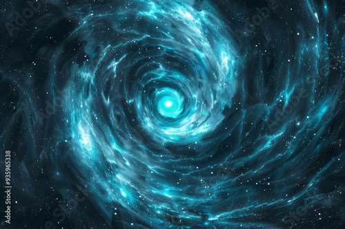 A spiral galaxy of light and teal colors is against a dark backdrop.