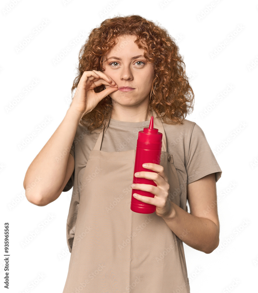 Young Caucasian redhead woman with ketchup with fingers on lips keeping a secret.