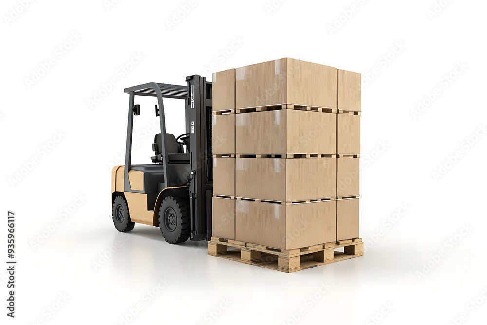 Cardboard boxes on pallet shipping forklift on werehouse on white background.