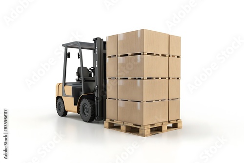 Cardboard boxes on pallet shipping forklift on werehouse on white background. photo