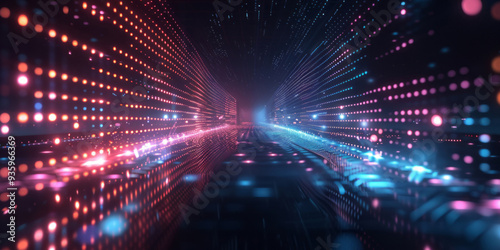 A dark backdrop features light dots in a gradient pattern, creating a digital mesh and sound waves.
