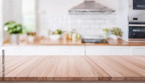 kitchen table background, wood counter top on blur of white clean abstract home interior with bokeh. used for display or montage your wooden for dining background. table banner