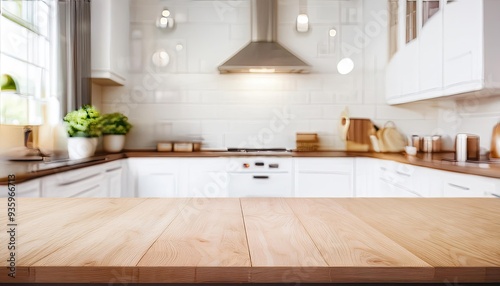 kitchen table background, wood counter top on blur of white clean abstract home interior with bokeh. used for display or montage your wooden for dining background. table banner