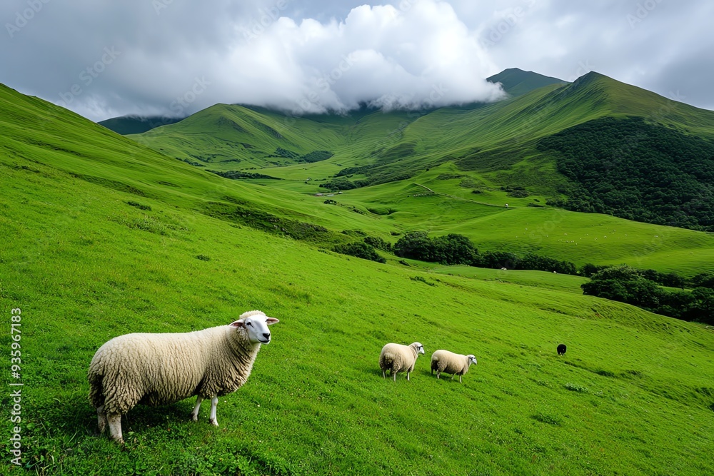 Obraz premium A serene image of sheep grazing on a lush, green hillside, with a shepherd and sheepdog watching over them in the distance