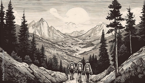 Hiking Trail Vista - An engraved depiction of hikers on a winding trail that leads through a mountains. Graphic art illustration