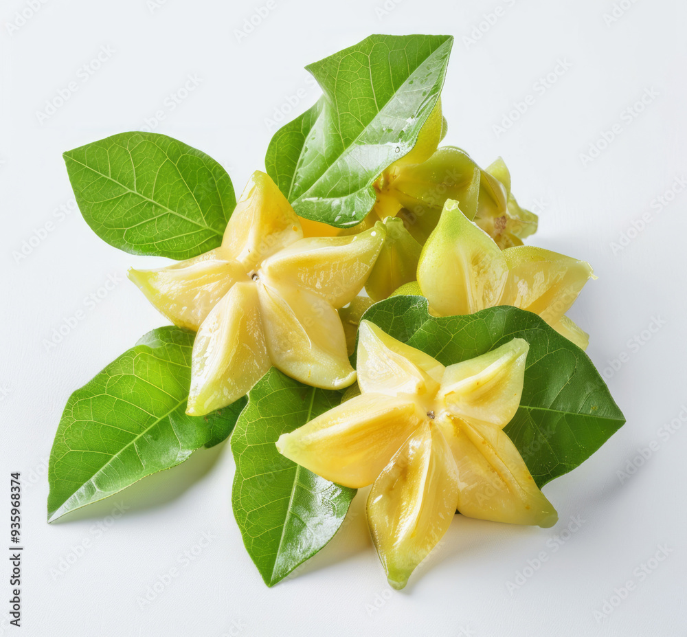Several star fruits with leaves and stems on a white backdrop, one cut to reveal a bright and translucent surface. Several star fruits with leaves and stems on a white backdrop, one cut to reveal a bright and translucent surface.