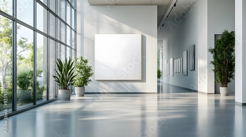 Bright, spacious modern art gallery interior, large white blank canvas on wall, polished concrete floor, floor-to-ceiling windows, natural light flooding in, minimalist architecture.