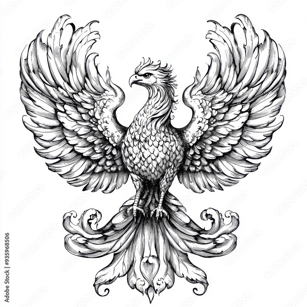 Obraz premium Black and white Vintage engraved art of a phoenix, isolated on white background, ink sketch illustration, simple vector art design, highly detailed line art, high contrasty 