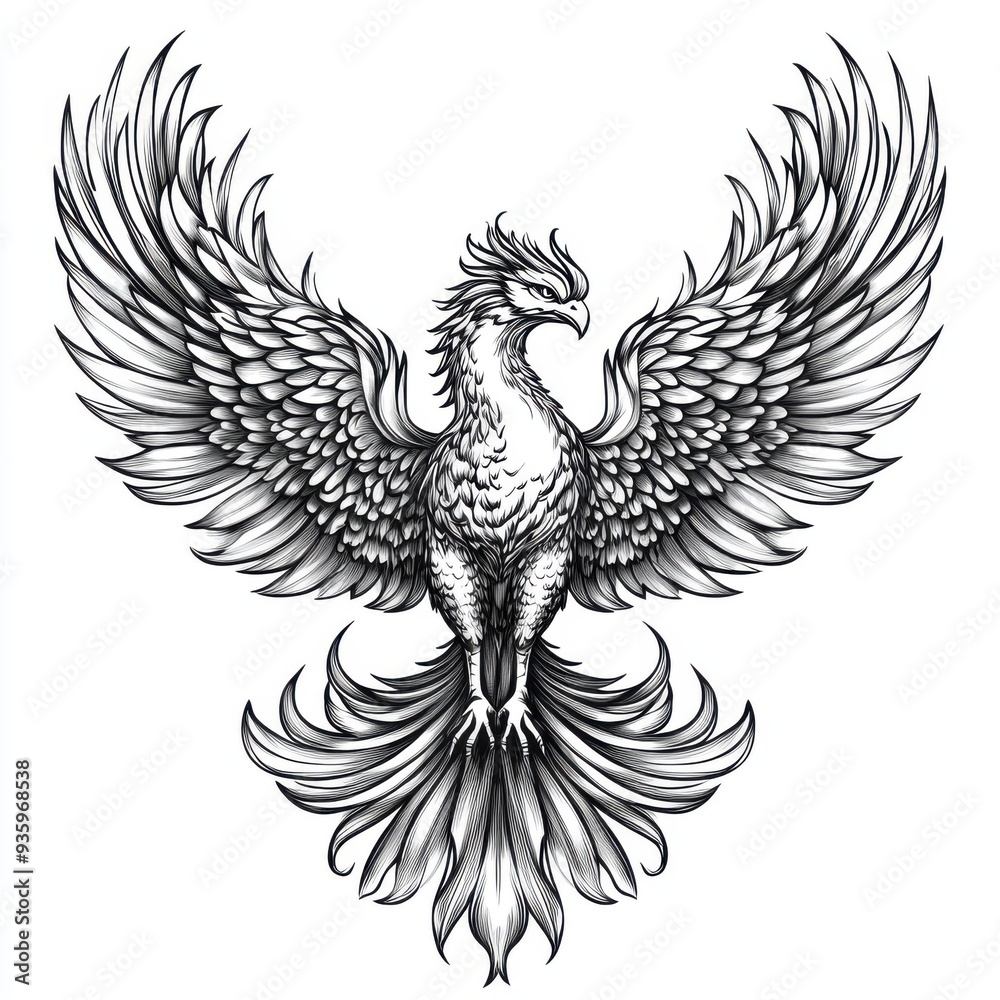 Obraz premium Black and white Vintage engraved art of a phoenix with outstretched wings, isolated on white background, ink sketch illustration, simple vector art design, highly detailed line art