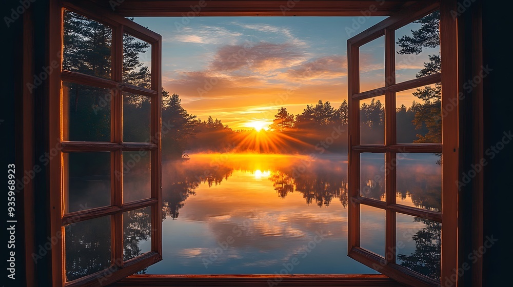 Obraz premium Bright sunlit view through an open window, serene lake landscape at golden hour, vibrant orange and pink sky, silhouetted pine trees, perfect reflection on calm water.