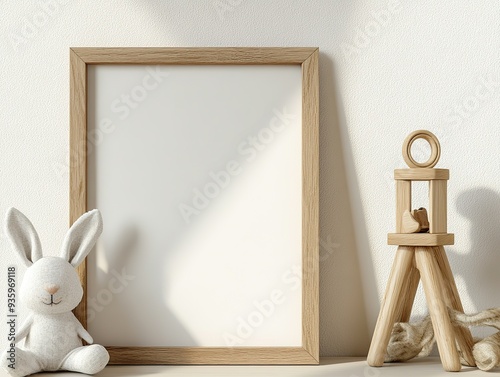 Elegant Wooden A4 Frame Mockup on Shelf with Toy Rabbit and Pyramid Toys, Soft Lighting, Minimalist Style, Beige Background, Natural Light Aesthetics