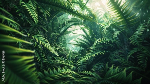 A leafy green forest with a large fern in the middle