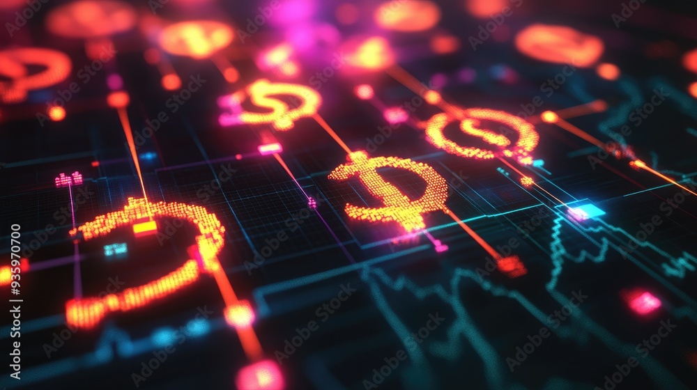 3D financial network with brightly glowing interconnected dollar, euro, and yen symbols. - 3D financial network with brightly glowing interconnected dollar, euro, and yen symbols. -
