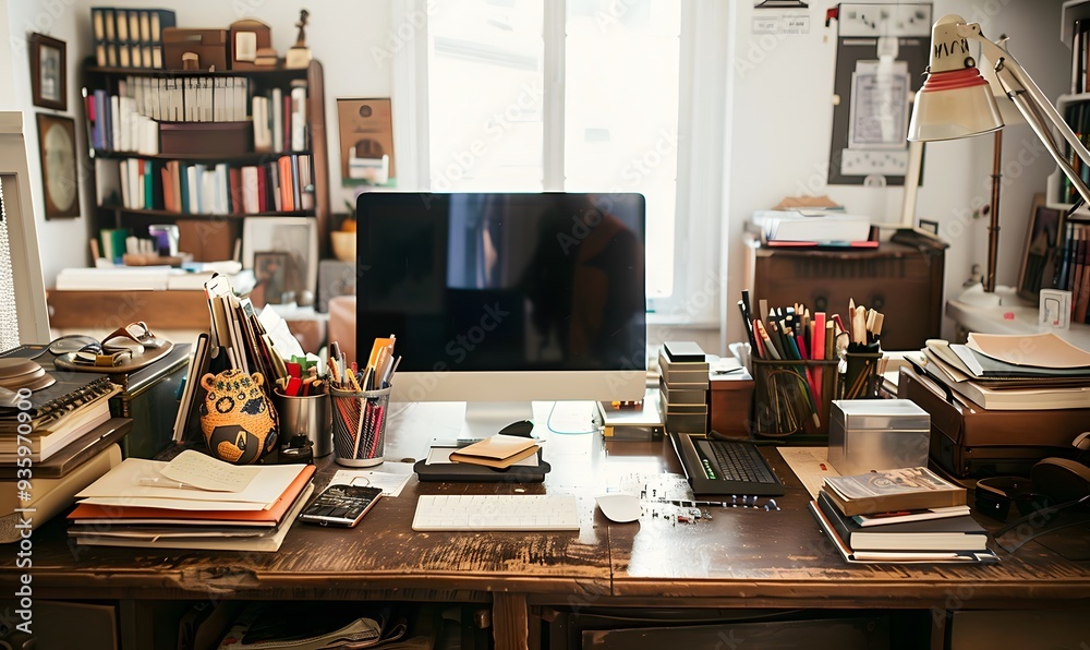 Workspace home office desk supplies on office workplace. Workspace home office desk supplies on office workplace.